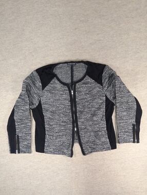 Eileen Fisher Black & Gray Double Zip-Front Knit Cropped Light Jacket Tweed Sz L